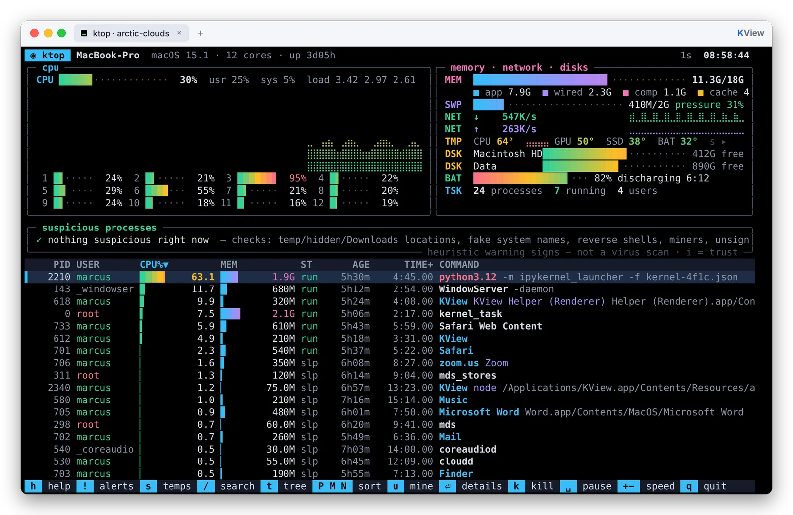 ktop with CPU cores, memory, network, disks and a process list
