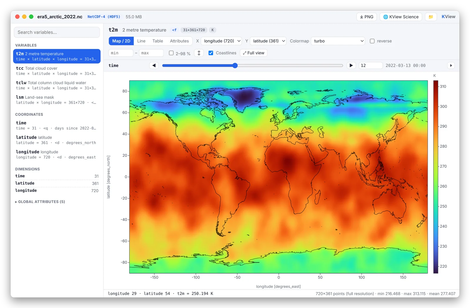 kview showing a world map of 2 m temperature with coastlines and a color bar