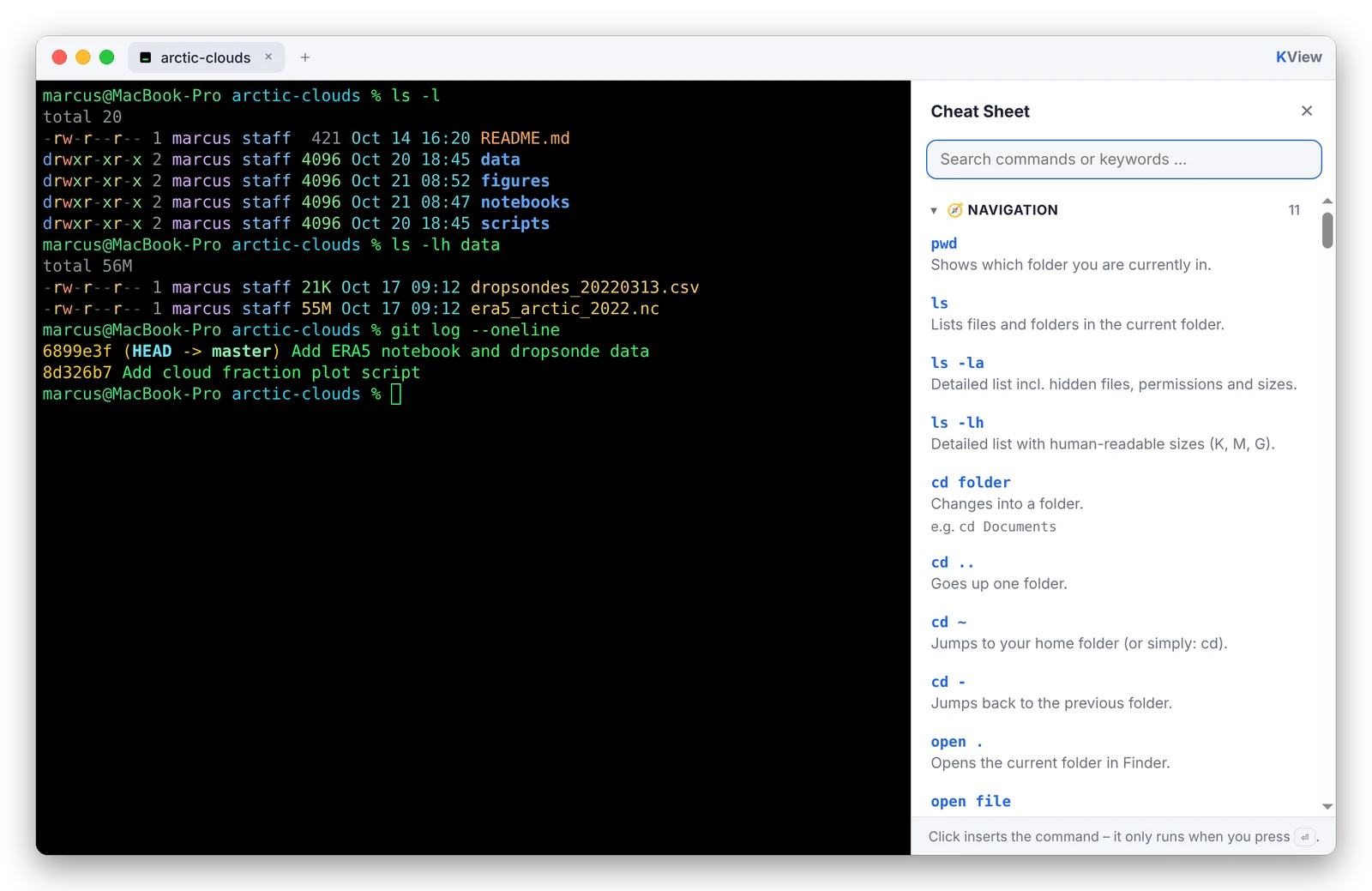 Terminal with the built-in cheat sheet open on the right